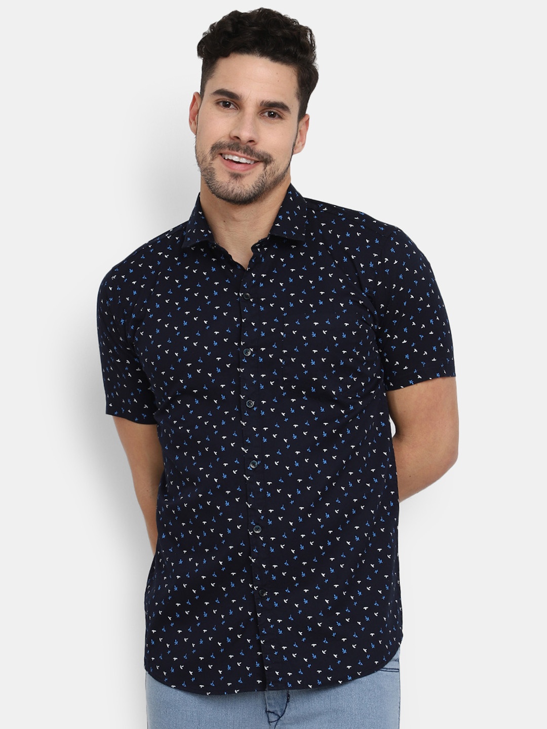 

V-Mart Classic Spread Collar Micro Ditsy Printed Cotton Casual Shirt, Blue