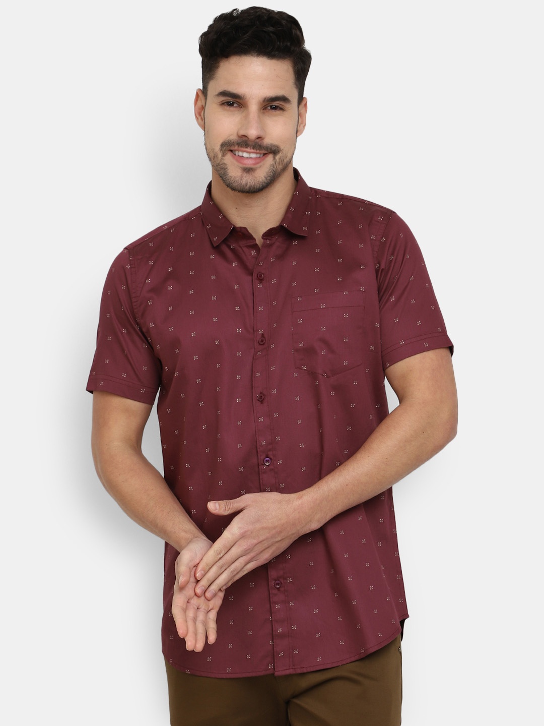 

V-Mart Short Sleeves Patch Pocket Classic Micro Printed Casual Satin Shirt, Maroon