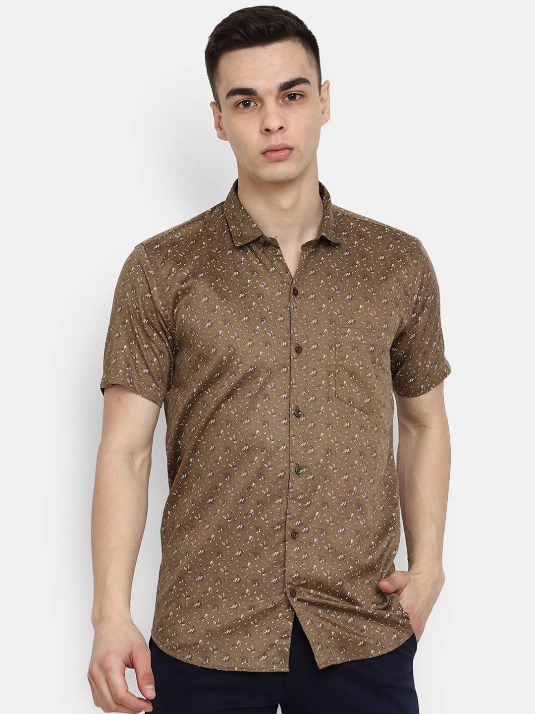 

V-Mart Classic Floral Printed Casual Satin Shirt, Brown