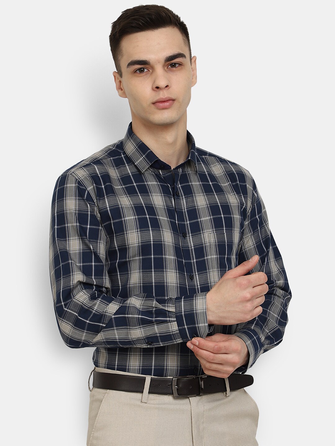 

J White by Vmart Tartan Checked Classic Formal Shirt, Navy blue