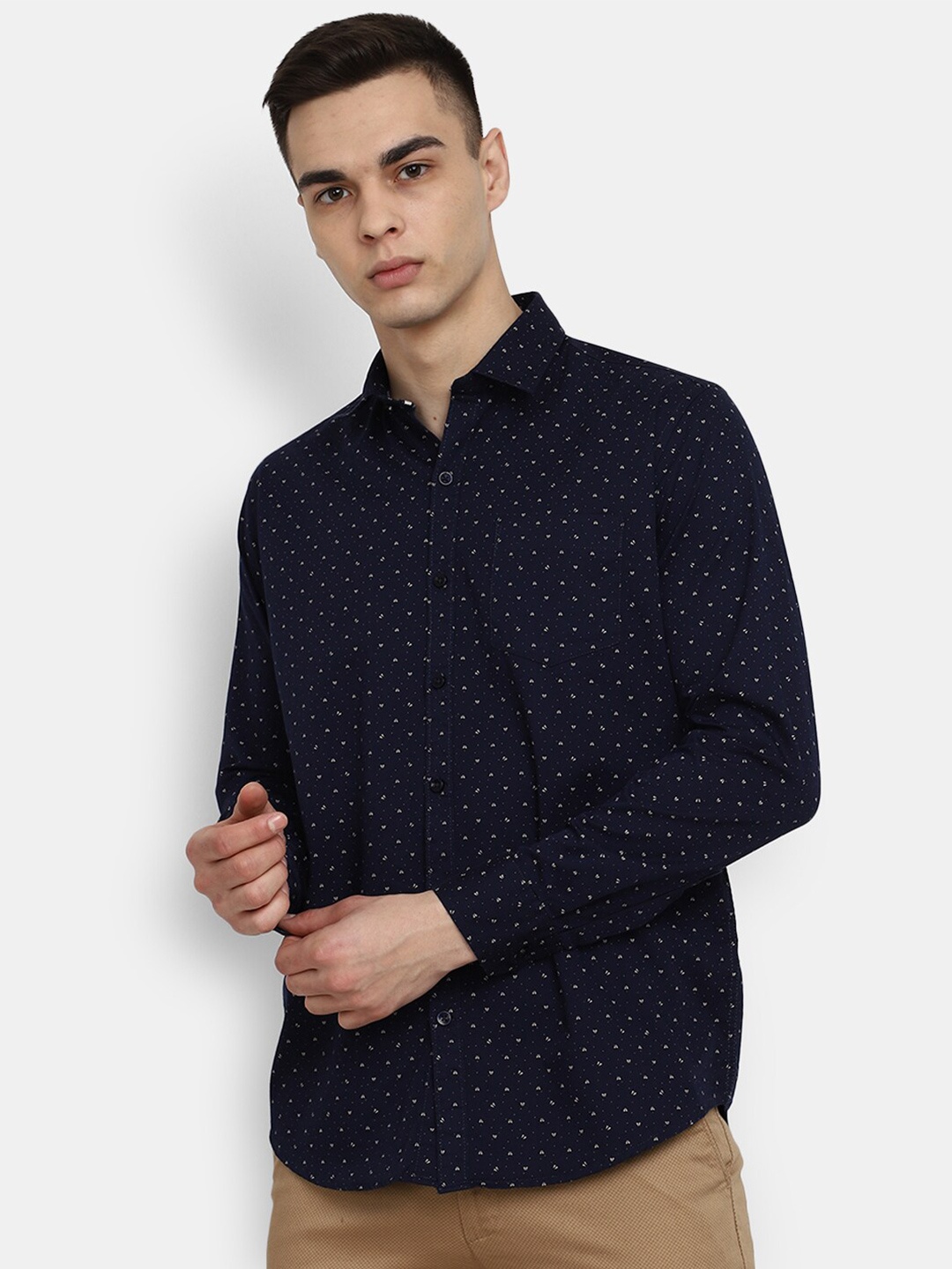 

V-Mart Classic Micro Ditsy Printed Twill Casual Cotton Shirt, Navy blue