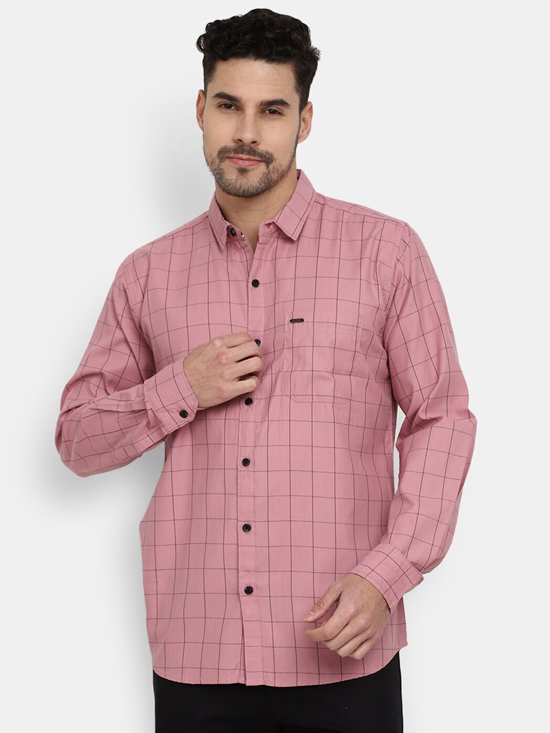 

V-Mart Classic Windowpane Checked Casual Cotton Shirt, Pink
