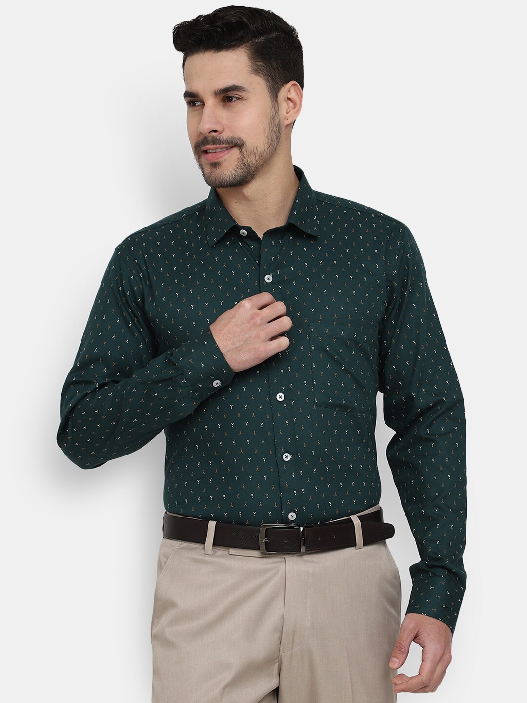 

J White by Vmart Classic Micro ditsy Printed Cotton Formal Shirt, Green