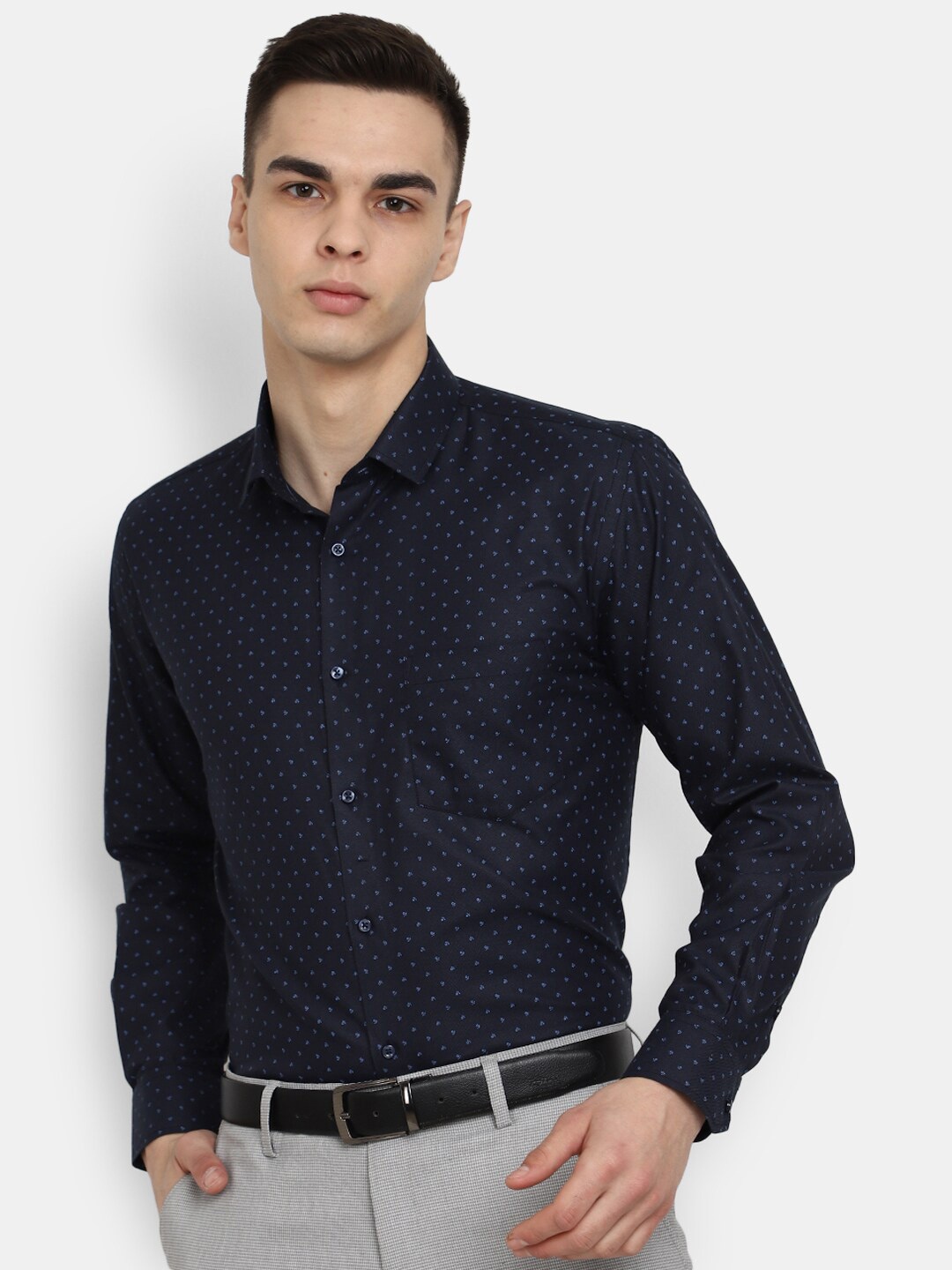 

J White by Vmart Classic Micro ditsy Printed Cotton Formal Shirt, Navy blue