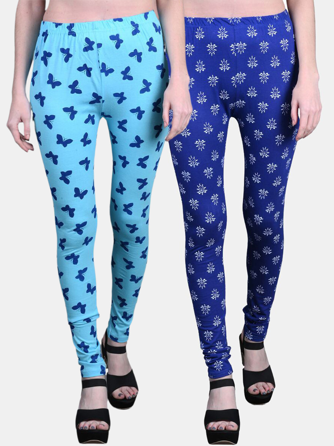 

FRENCH KLEIDER Girls Pack Of 2 Printed Churidar-Length Cotton Leggings, Blue