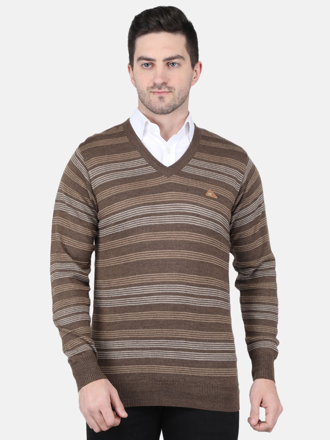 

Monte Carlo V-Neck Long Sleeves Striped Wool Pullover Sweater, Brown