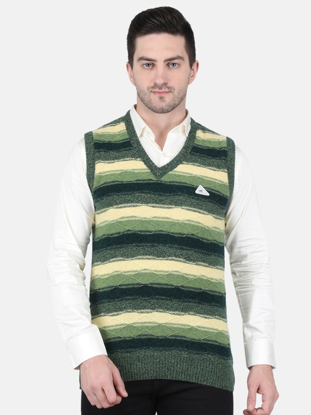 

Monte Carlo V-Neck Striped Wool Pullover, Green