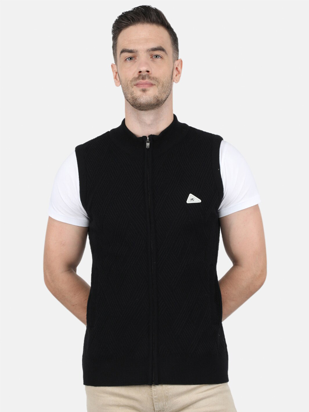 

Monte Carlo Sleeveless Cable Knit Front-Open Sweater Vest, Black