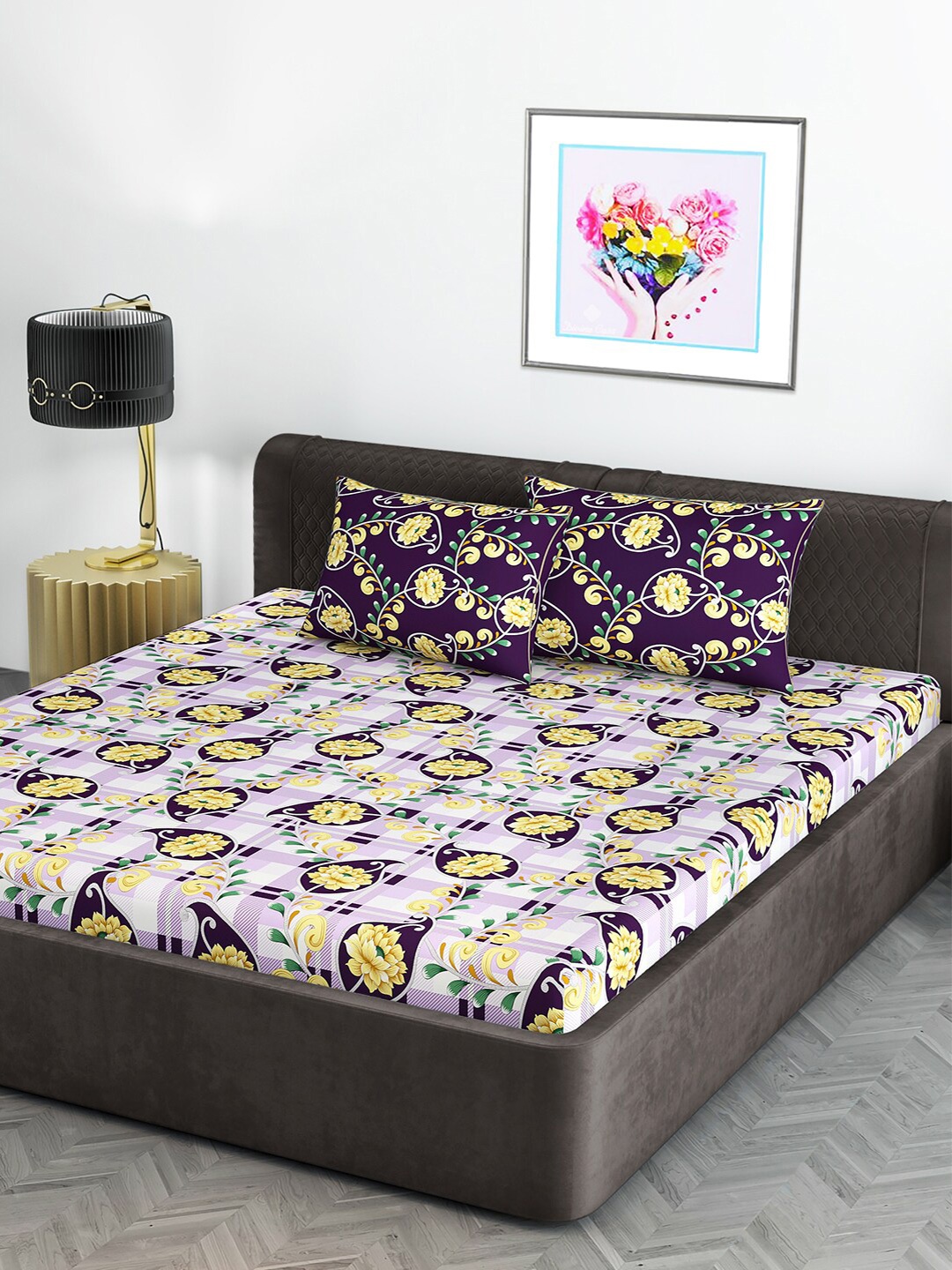 

Divine Casa Yellow & Violet Floral 120 TC Flat Cotton King Bedsheet with 2 Pillow Covers