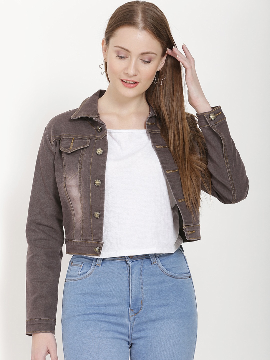 

Nifty Washed Crop Denim Jacket, Brown