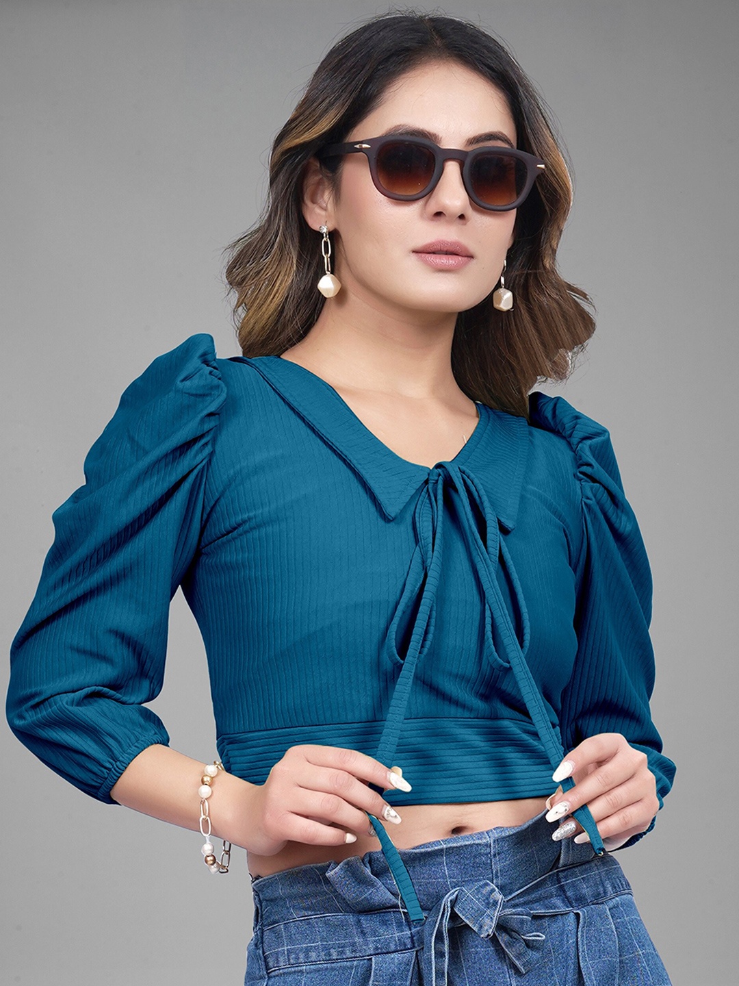 

Velmita Tie-Up Detail Puff Sleeves Crop Top, Teal