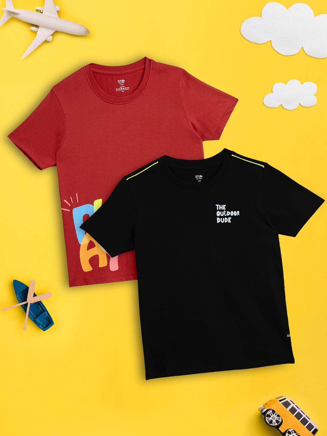 

XY Life Pack Of 2 Boys Typography Printed Cotton T-shirts, Black