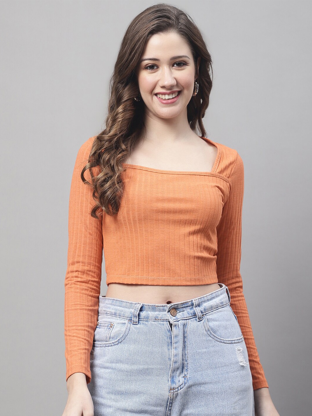 

NoBarr Striped Square Neck Cotton Crop Top, Orange