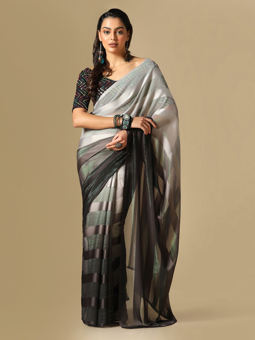

Satrani Zari Striped Saree With Sequinned Blouse, Grey