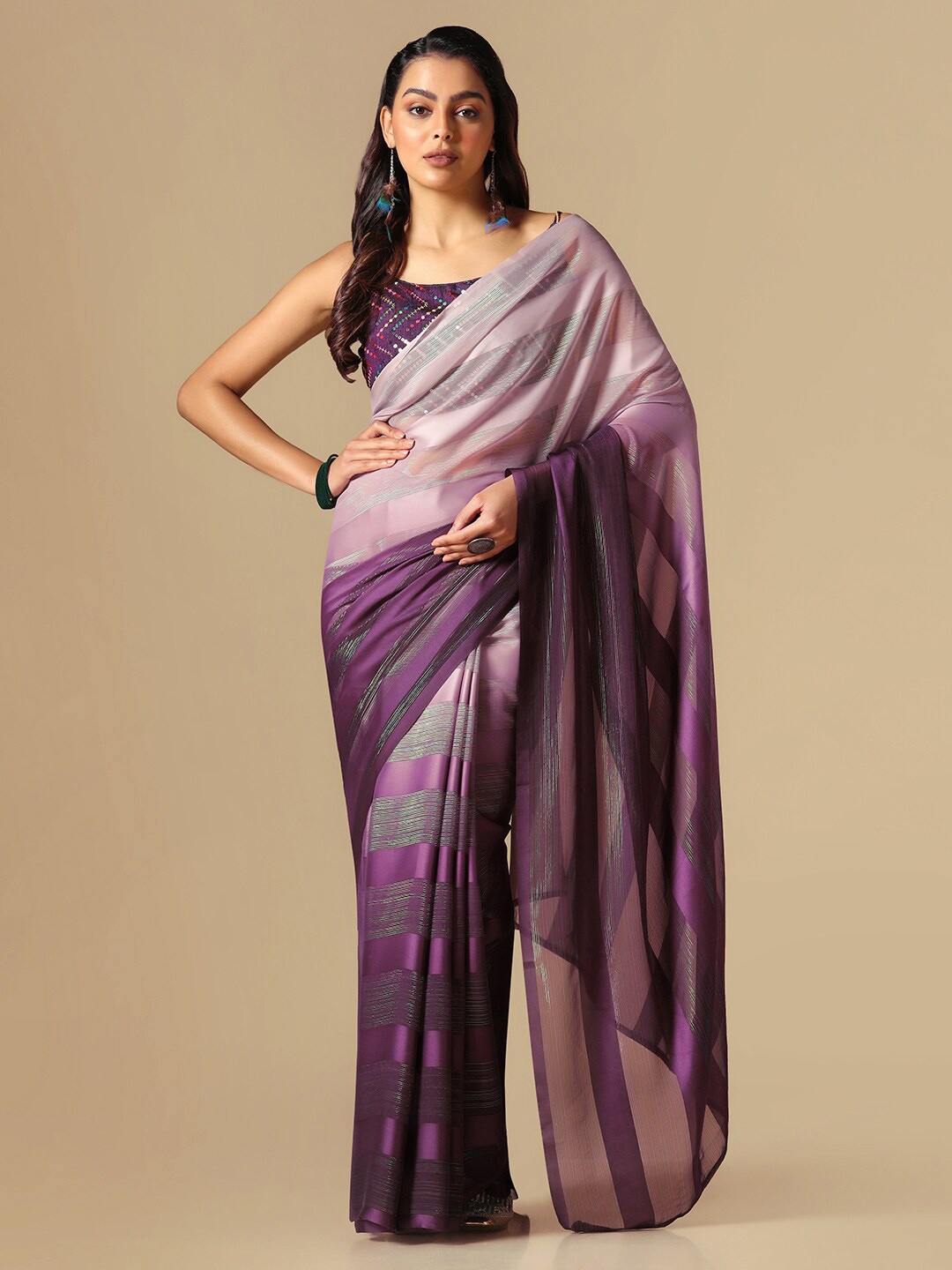 

Satrani Ombre Striped Poly Georgette Saree, Pink
