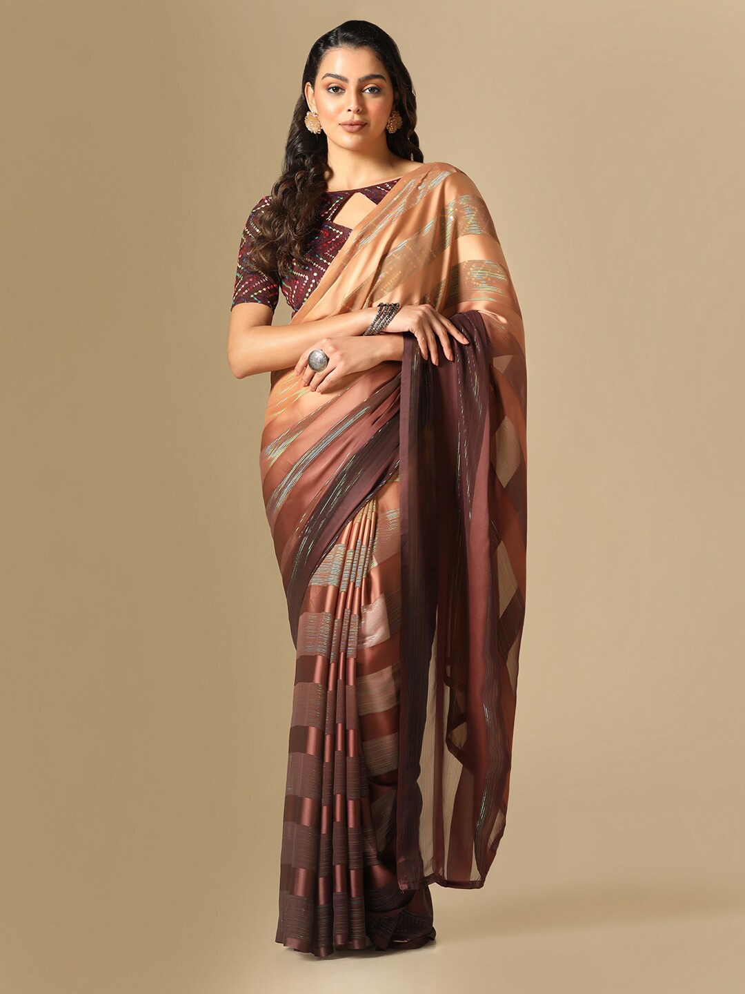 

Satrani Striped Poly Georgette Saree, Brown
