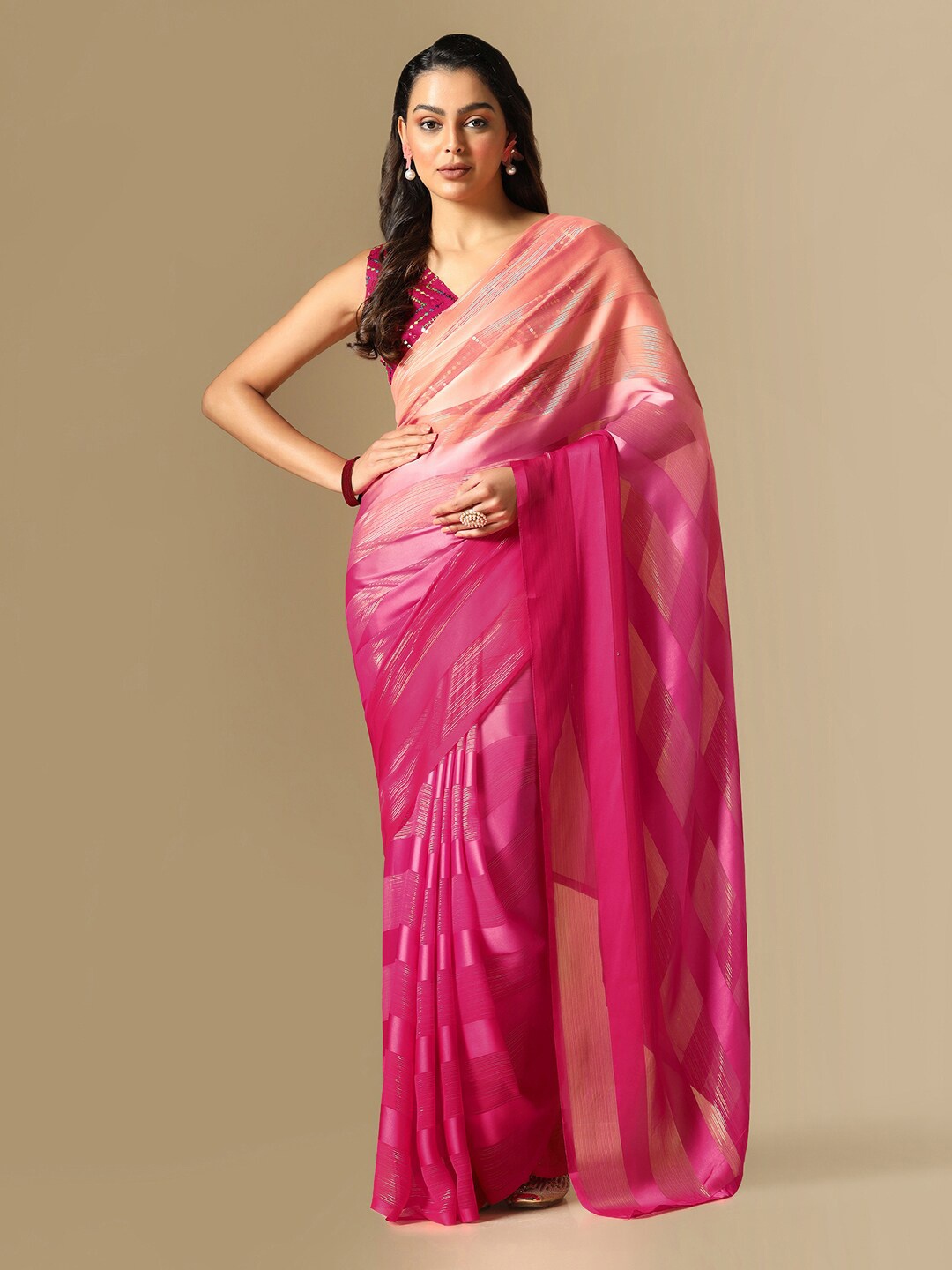 

Satrani Striped Poly Georgette Saree, Pink