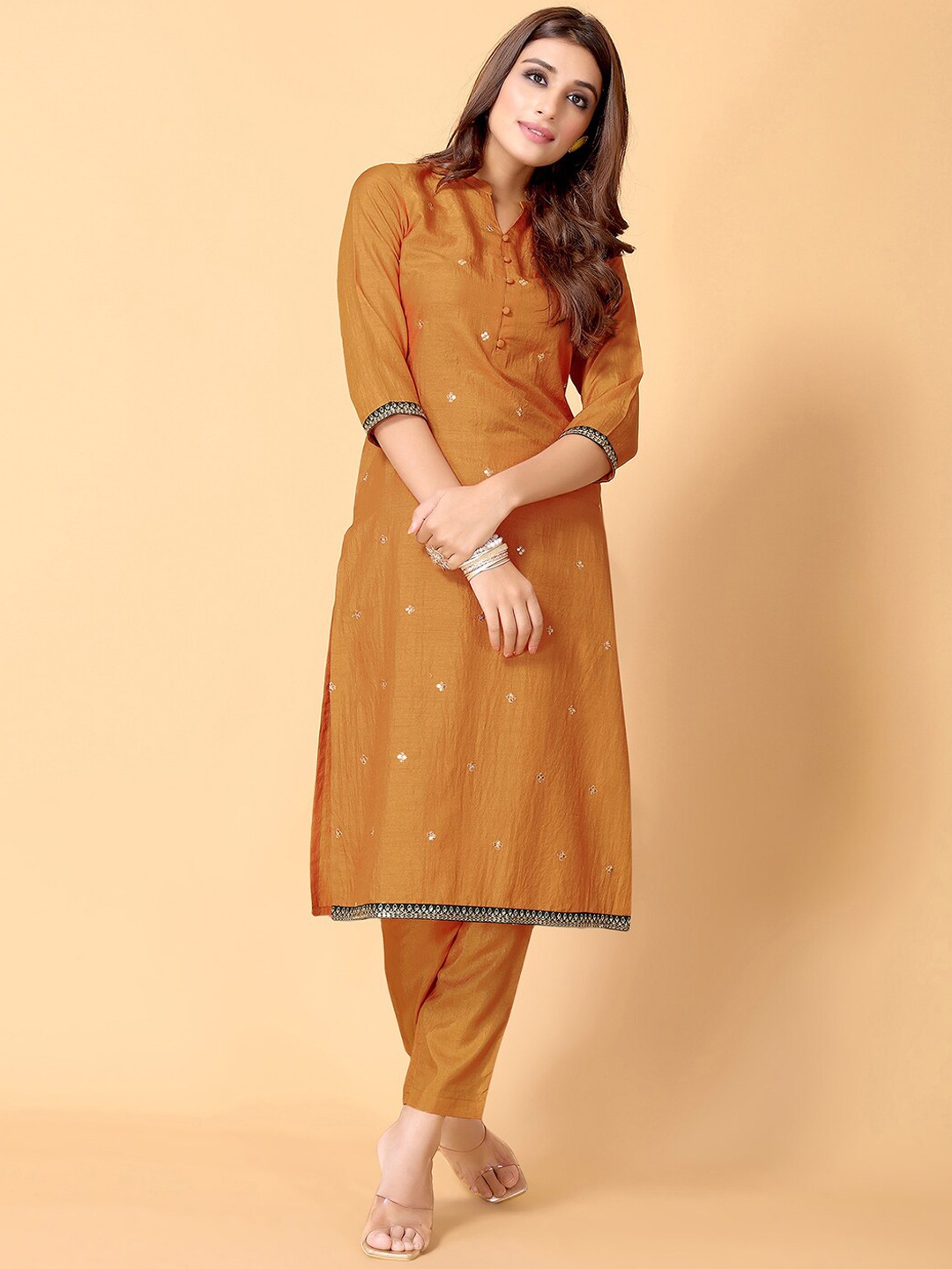 

SKYLEE Woven Design Band Collar Straight Kurta with Trousers & Dupatta, Mustard