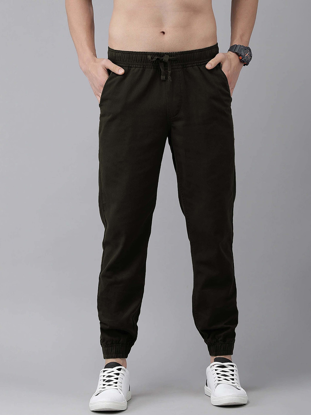 

The Roadster Life Co. Men Slim Fit Solid Pure Cotton Joggers, Olive