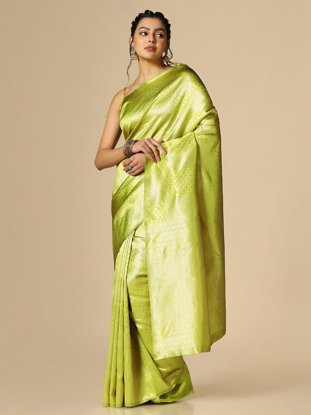

Satrani Ethnic Motif Woven Design Zari Banarasi Saree, Green