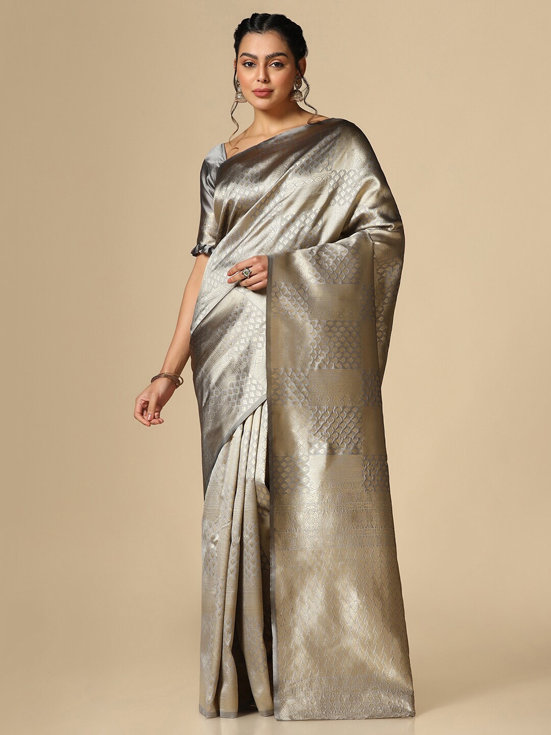 

Satrani Ethnic Motifs Woven Design Zari Banarasi Saree, Grey