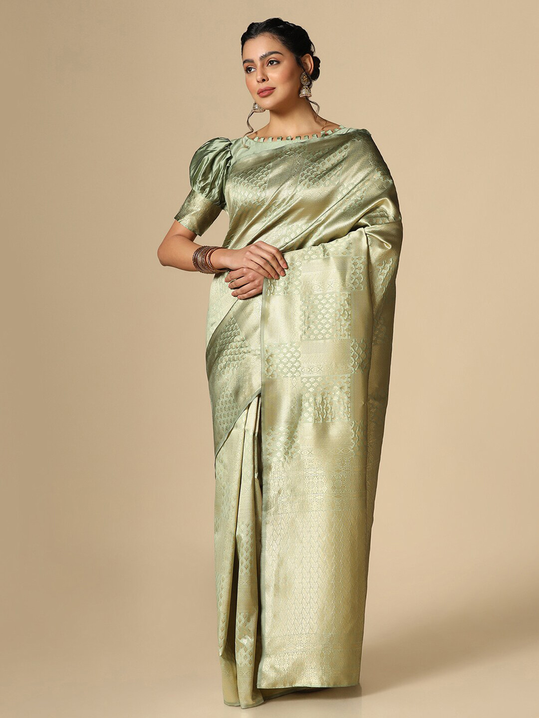 

Satrani Ethnic Motifs Woven Design Zari Banarasi Saree, Green