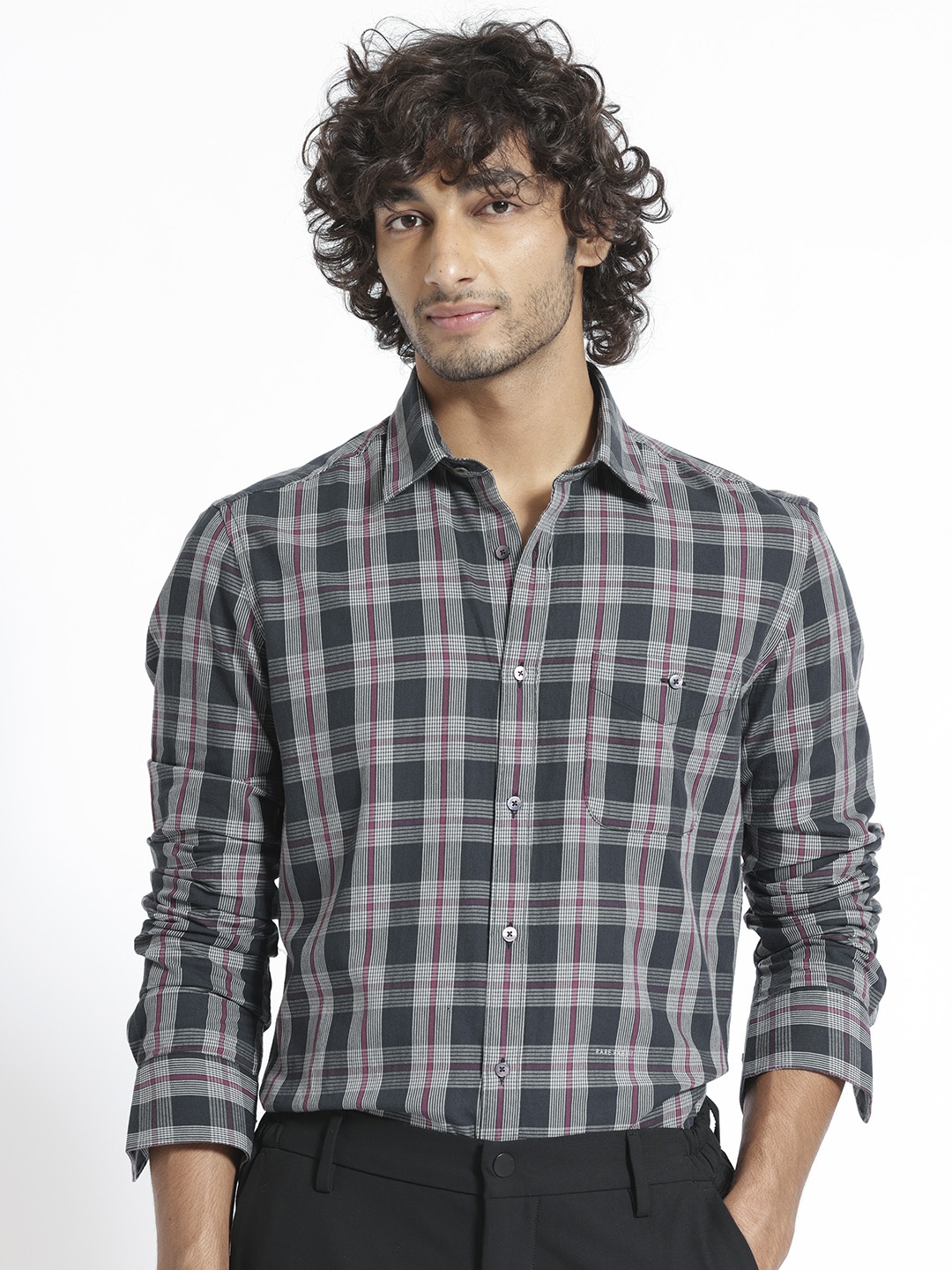 

RARE RABBIT Men Bale Tartan Check Cotton Slim Fit Shirt, Black