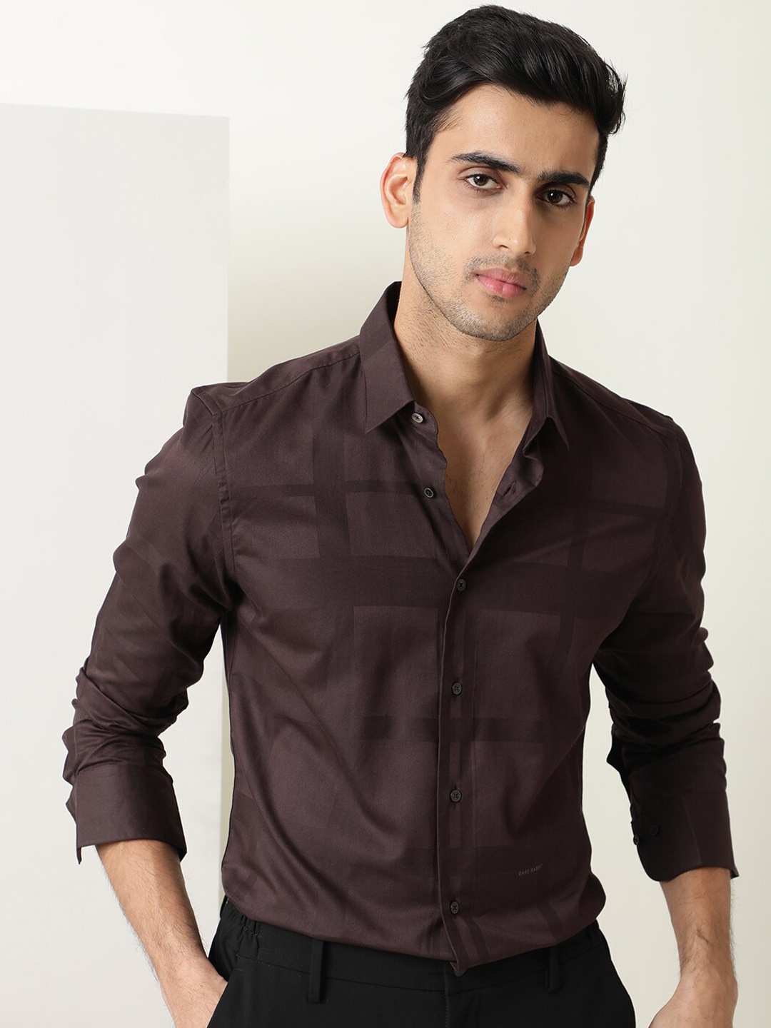 

RARE RABBIT Men Boxline Slim Fit Checked Cotton Shirt, Brown