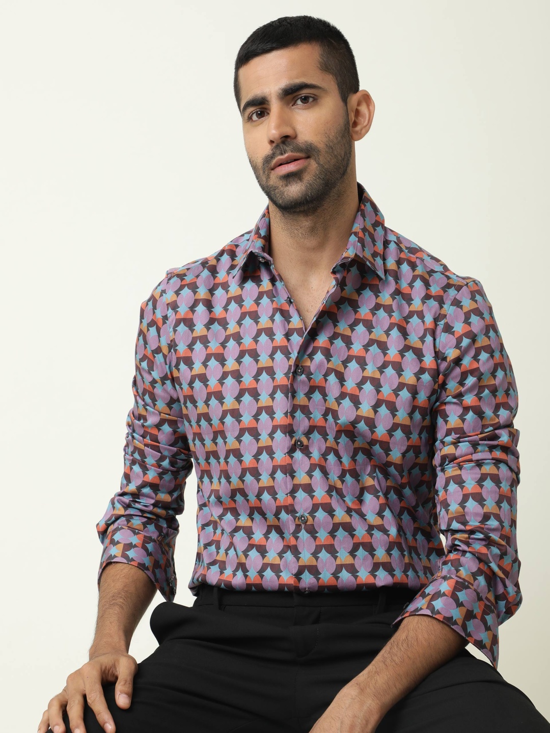 

RARE RABBIT Men Coret Regular Fit Geometric Printed Cotton Shirt, Purple