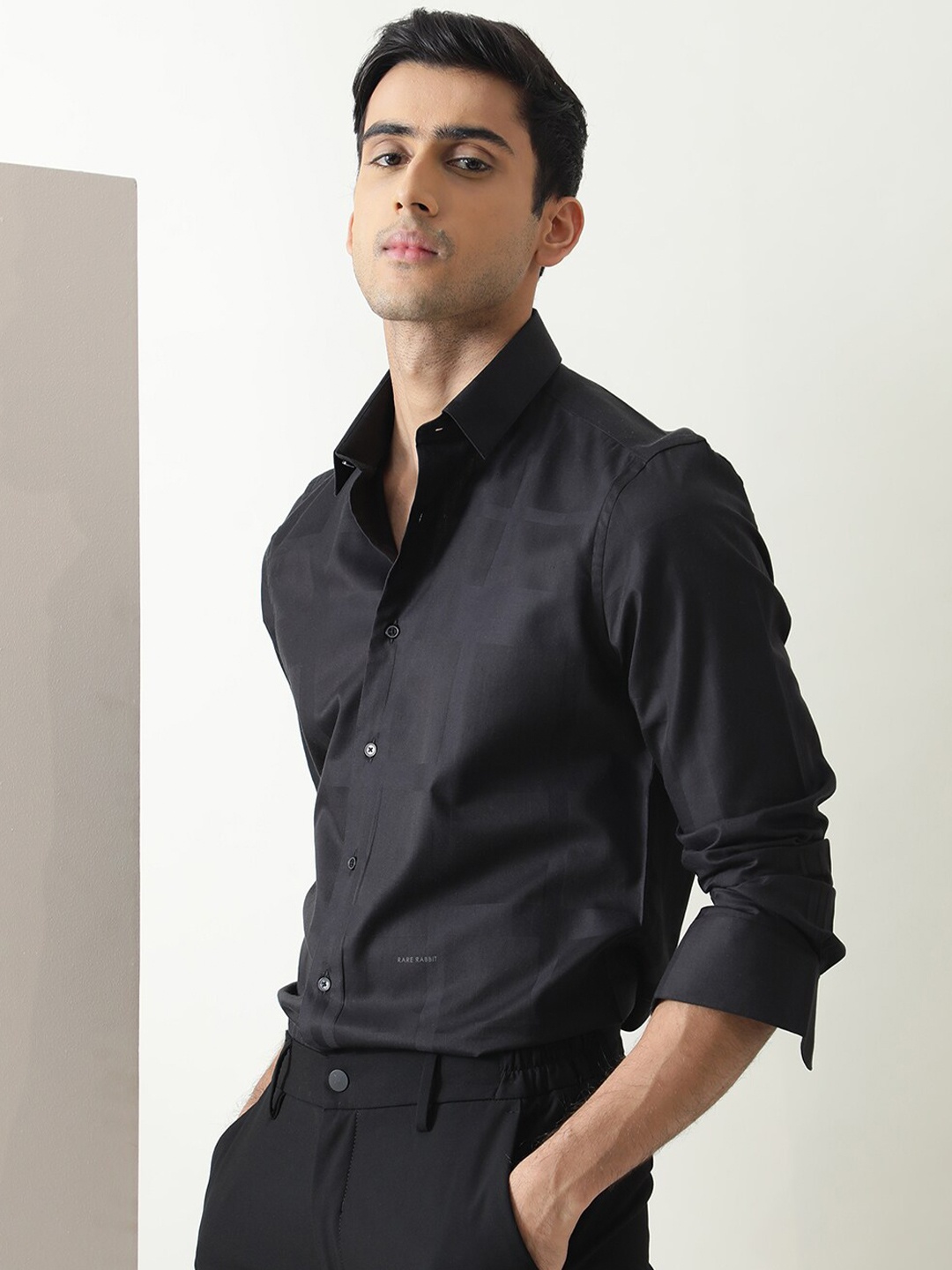 

RARE RABBIT Men Boxline Slim Fit Cotton Shirt, Black