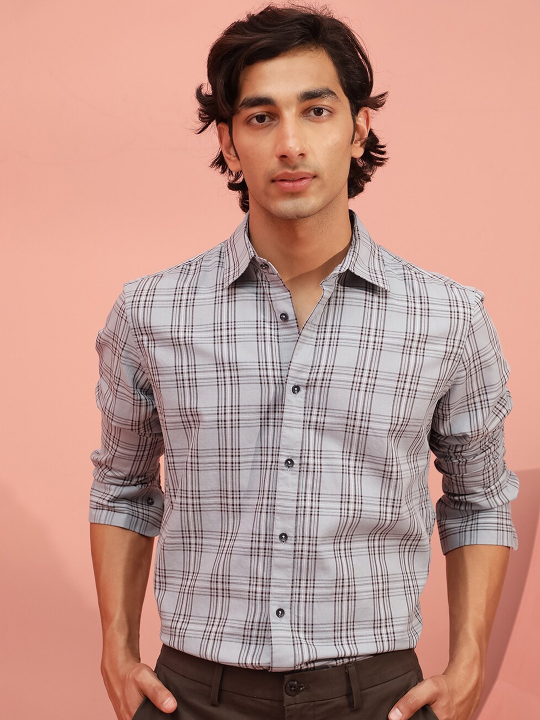 

RARE RABBIT Men Frazey Slim Fit Checked Cotton Shirt, Grey