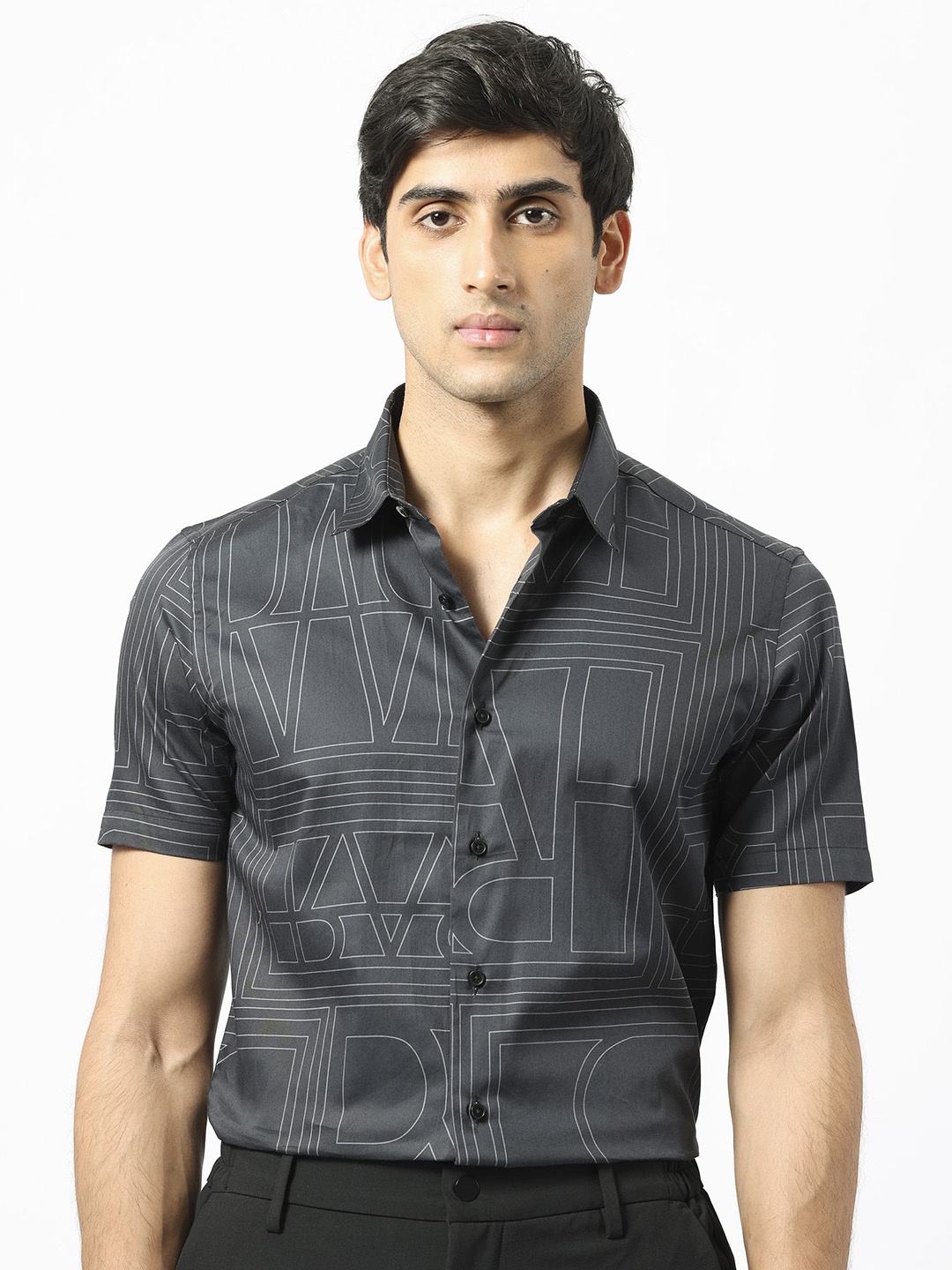

RARE RABBIT Men Osuna Slim Fit Geometric Printed Cotton Shirt, Black