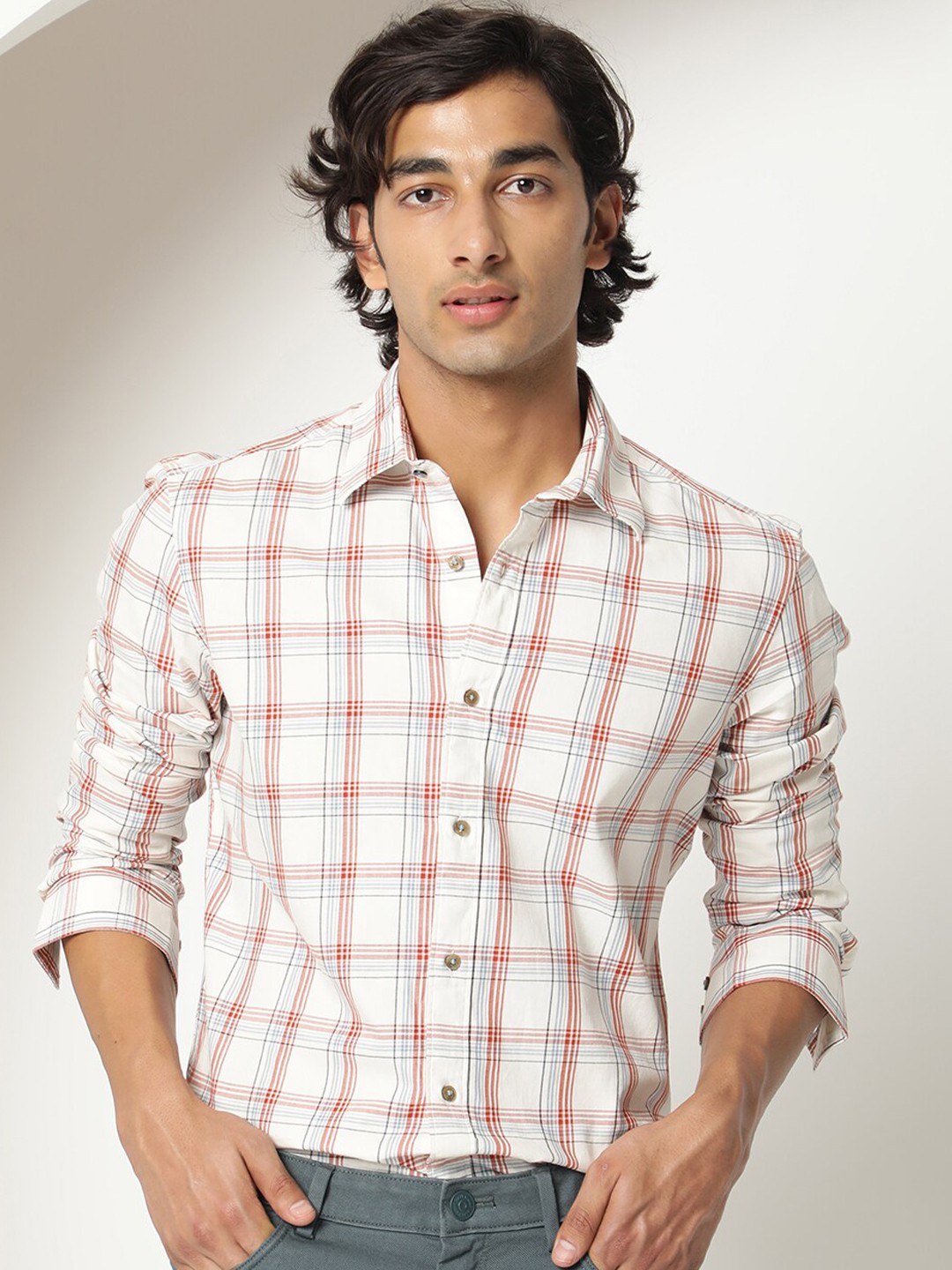

RARE RABBIT Long Sleeves Slim Fit Tartan Checked Casual Cotton Shirt, White