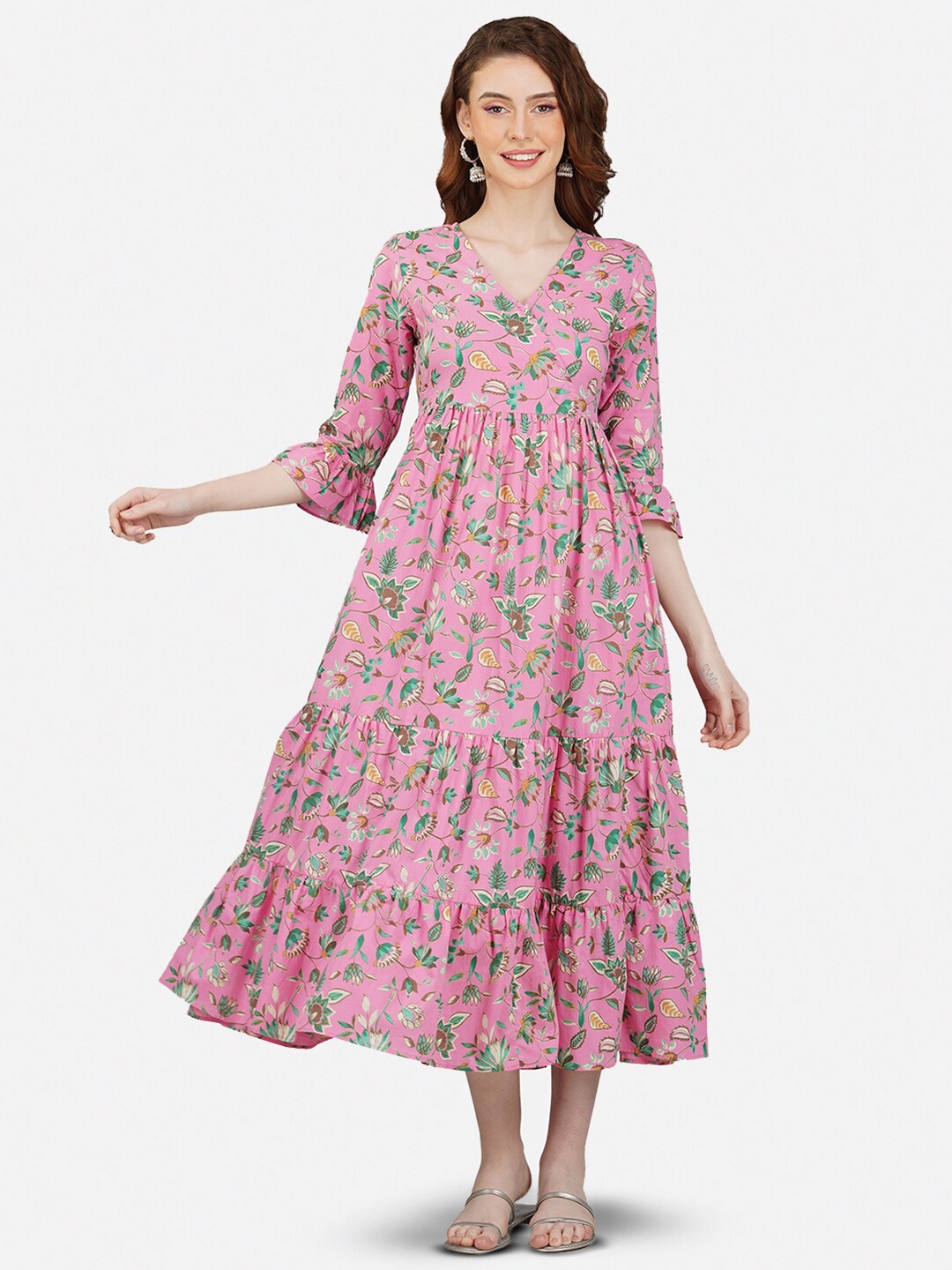 

GULAB CHAND TRENDS Floral Printed Fit and Flare Midi Dress, Pink