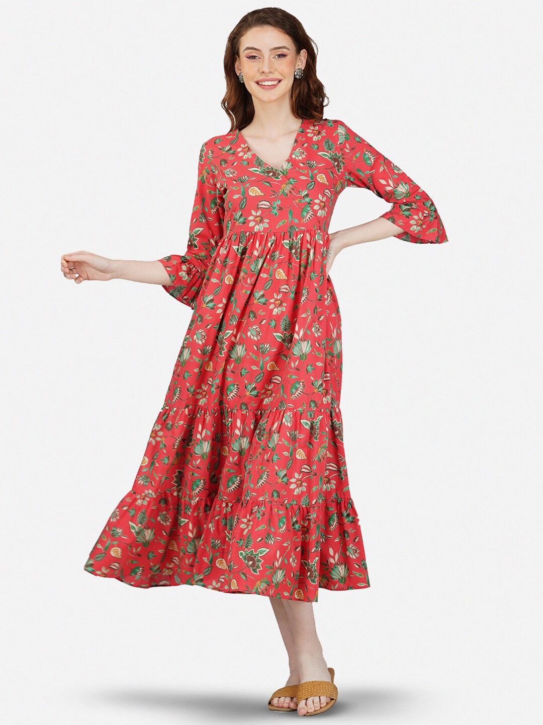 GULAB CHAND TRENDS Floral Printed Cotton V-Neck Bell Sleeves Wrap Midi Dress, Red