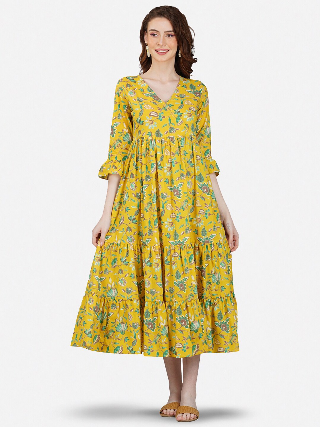 

GULAB CHAND TRENDS Floral Printed Cotton V-Neck Bell Sleeves Wrap Midi Dress, Yellow