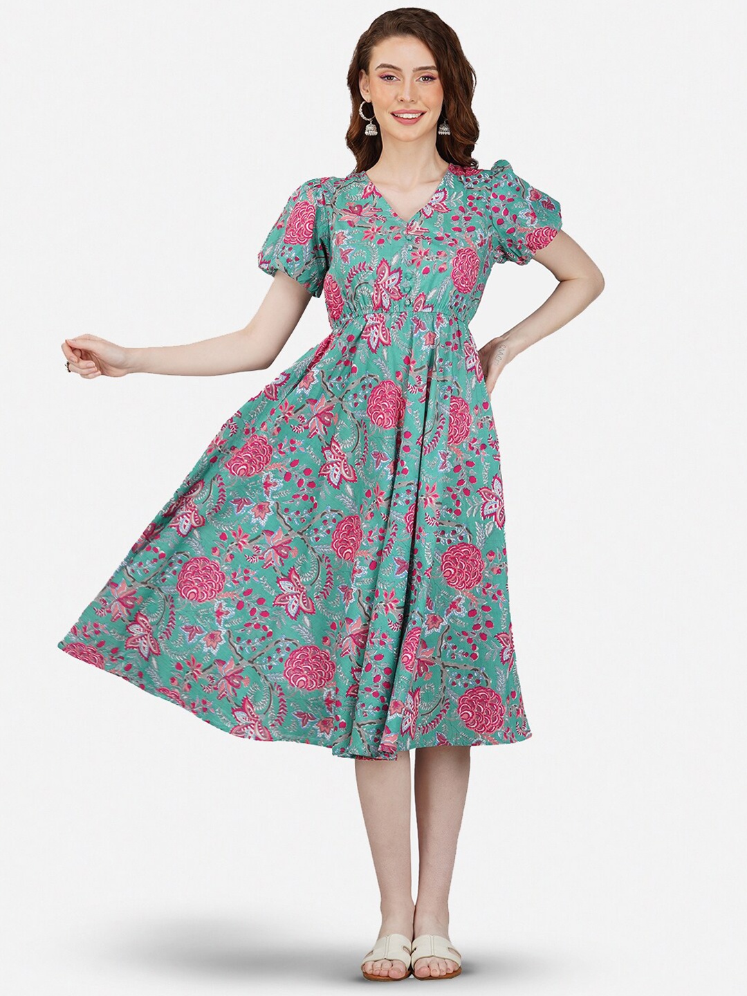

Twilldor Puff Sleeves V-Neck Floral Printed Fit & Flare Midi Cotton Dress, Green