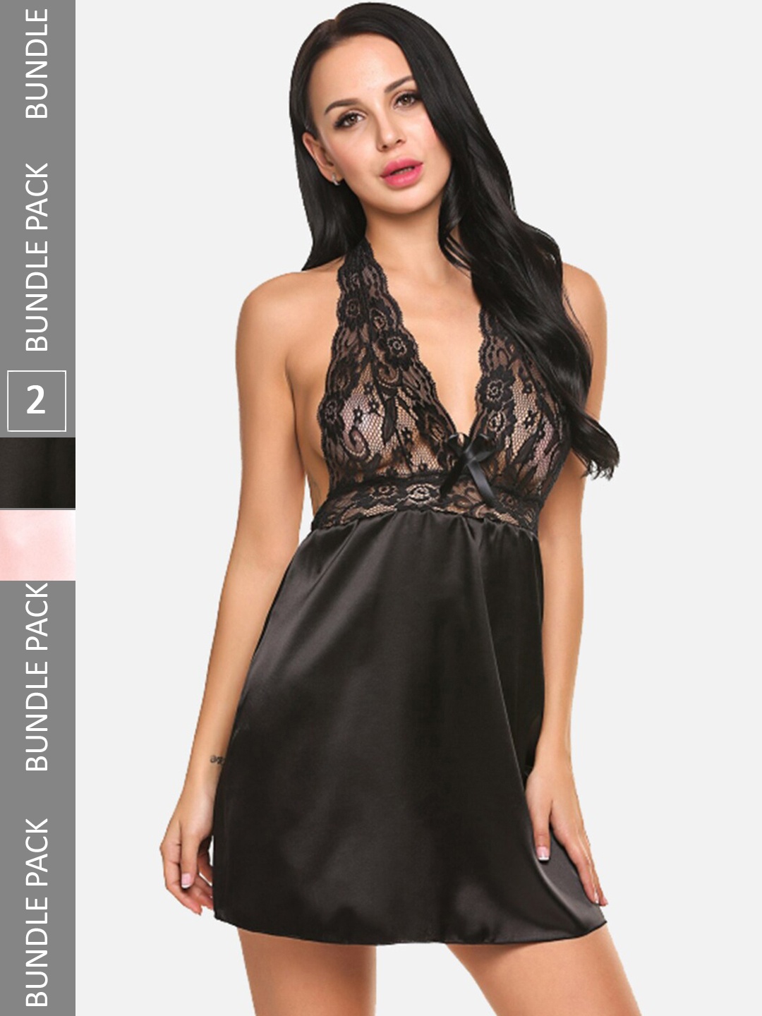 

StyFun Pack Of 2 Satin Halter Neck Baby Doll, Black