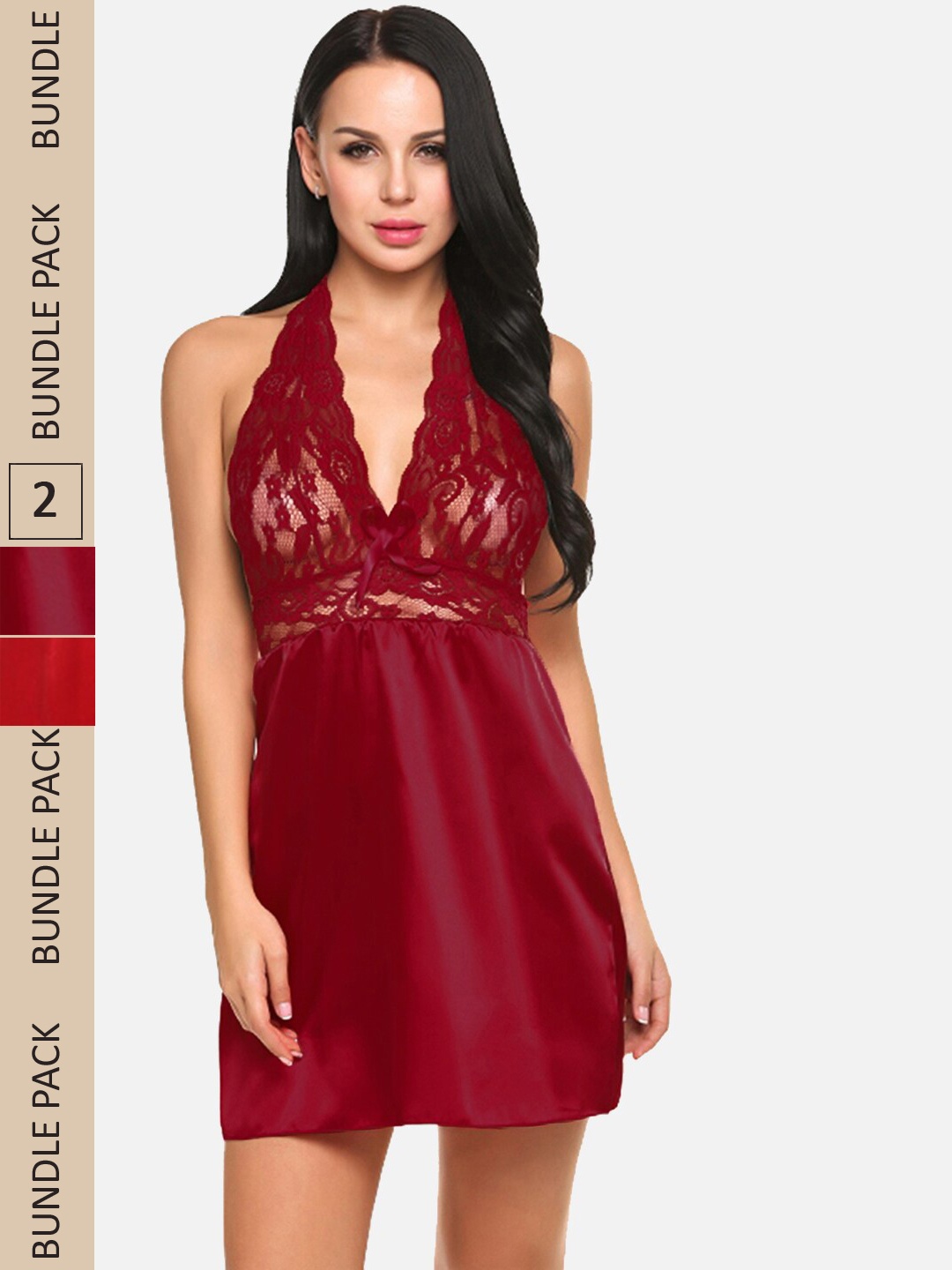 

StyFun Pack Of 2 Satin Halter Neck Baby Doll, Maroon