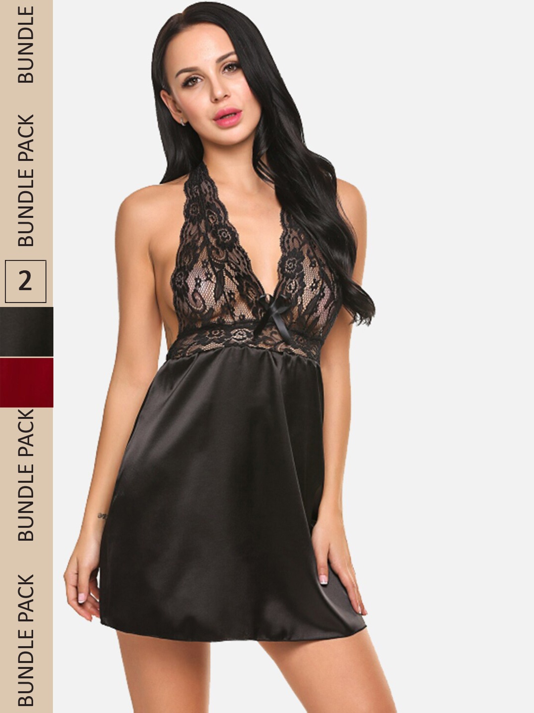 

StyFun Pack Of 2 Satin Halter Neck Baby Doll, Black