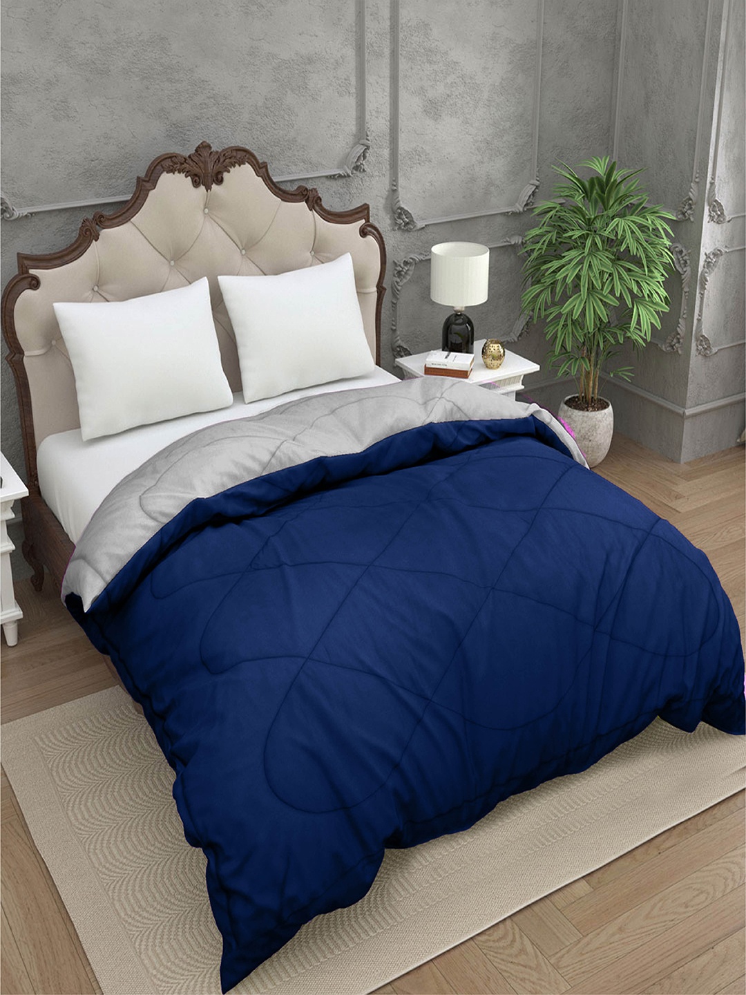 

Sleeping Owls- because your sleep matters Navy Blue & Grey Microfiber AC Room 150 GSM Double Bed Quilt