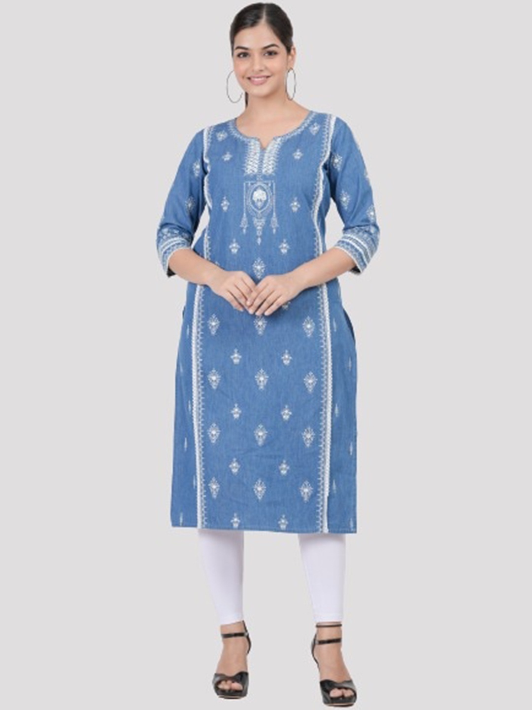 

SUMAVI-FASHION Women Ethnic Motifs Embroidered Denim Kurta, Blue