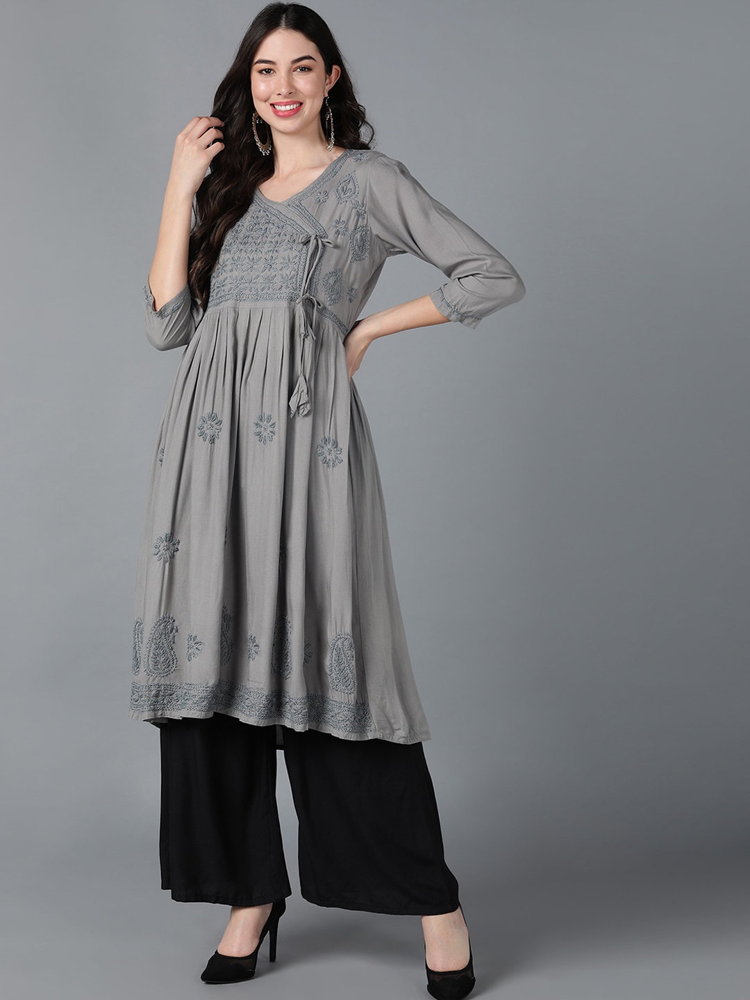 

VAHSON Ethnic Motif Embroidered A-Line Kurta, Grey