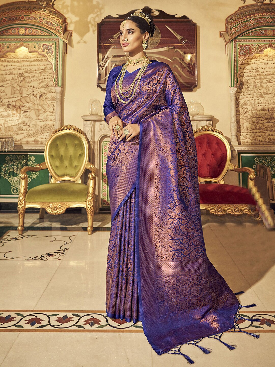 

Satrani Woven Design Zari Silk Blend Banarasi Saree, Blue