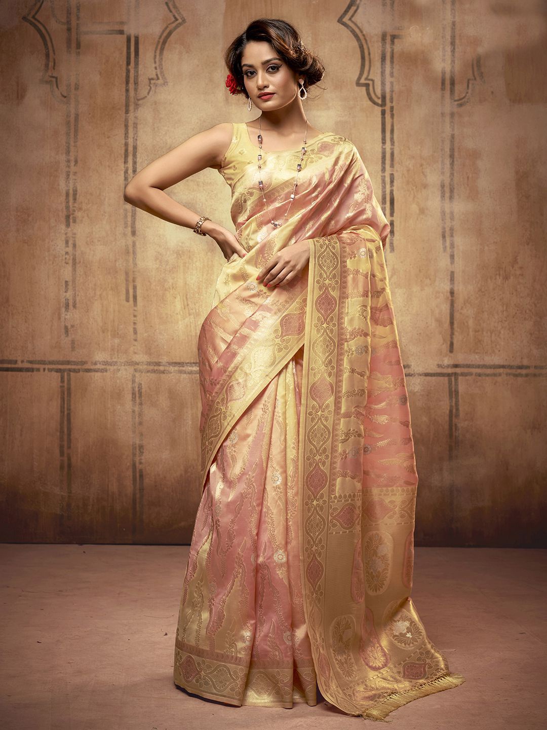 

Satrani Woven Design Zari Organza Banarasi Saree, Orange