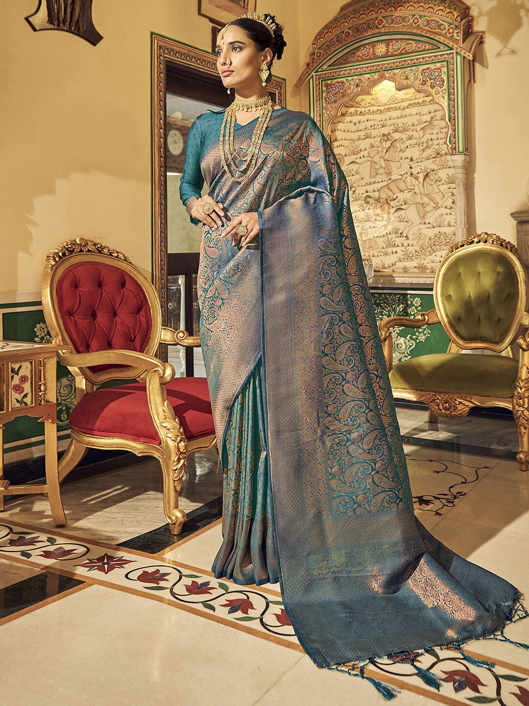 

Satrani Woven Design Zari Silk Blend Banarasi Saree, Green