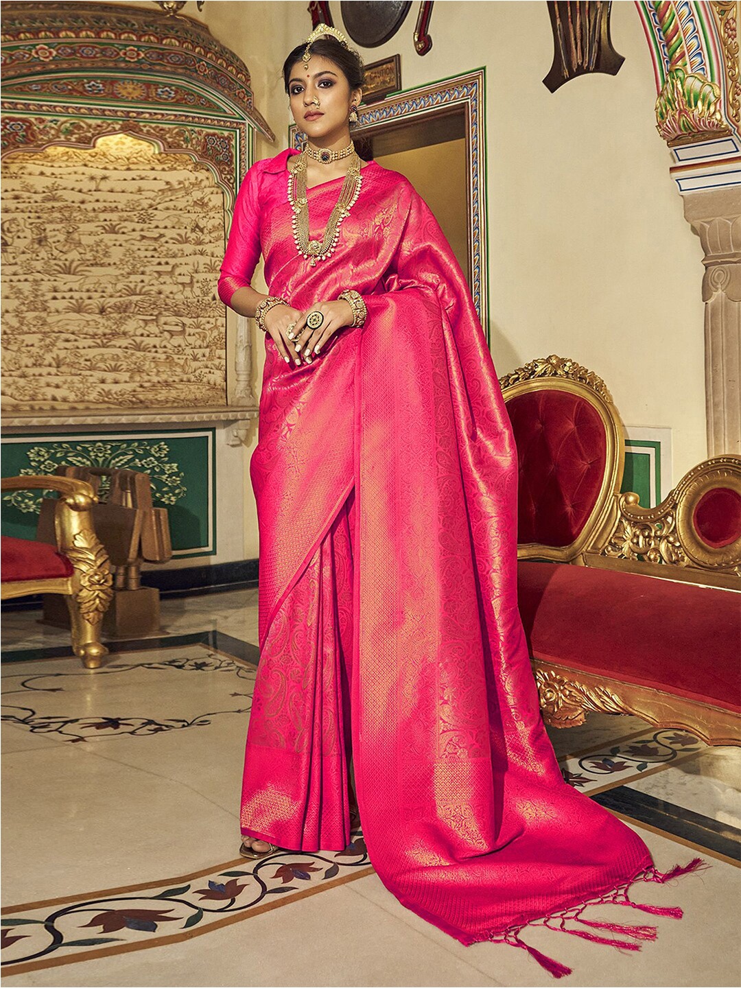 

Satrani Woven Design Zari Silk Blend Banarasi Saree, Pink