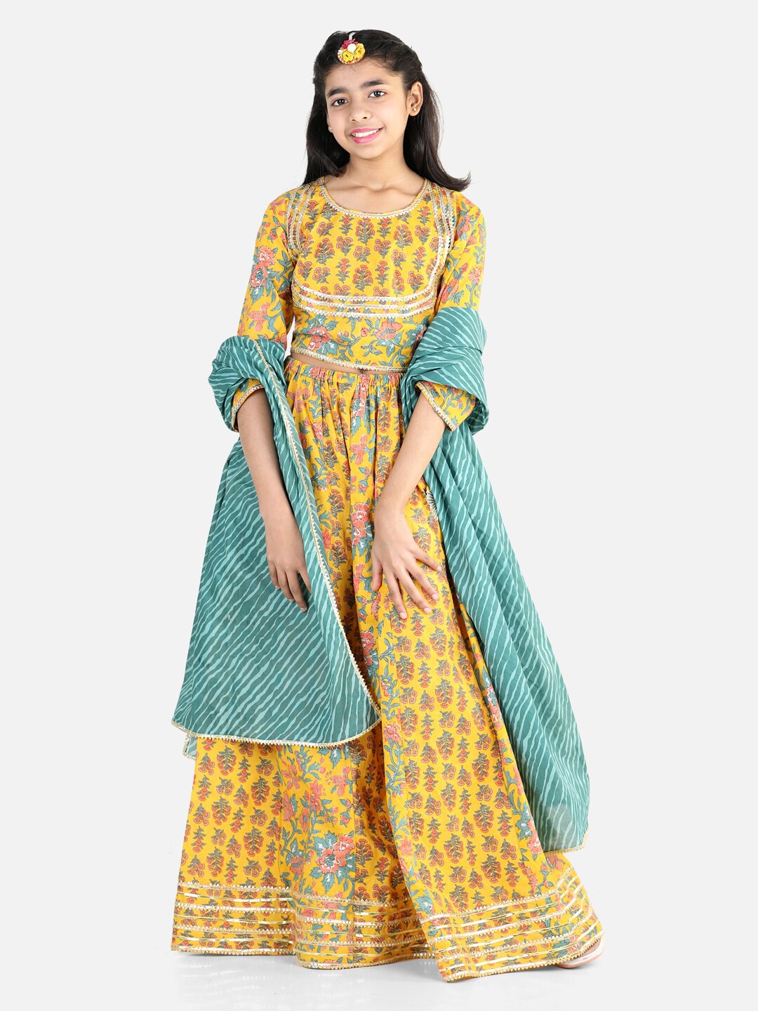 

BownBee Girls Cotton Printed Ready to Wear Lehenga & Blouse With Dupatta, Yellow