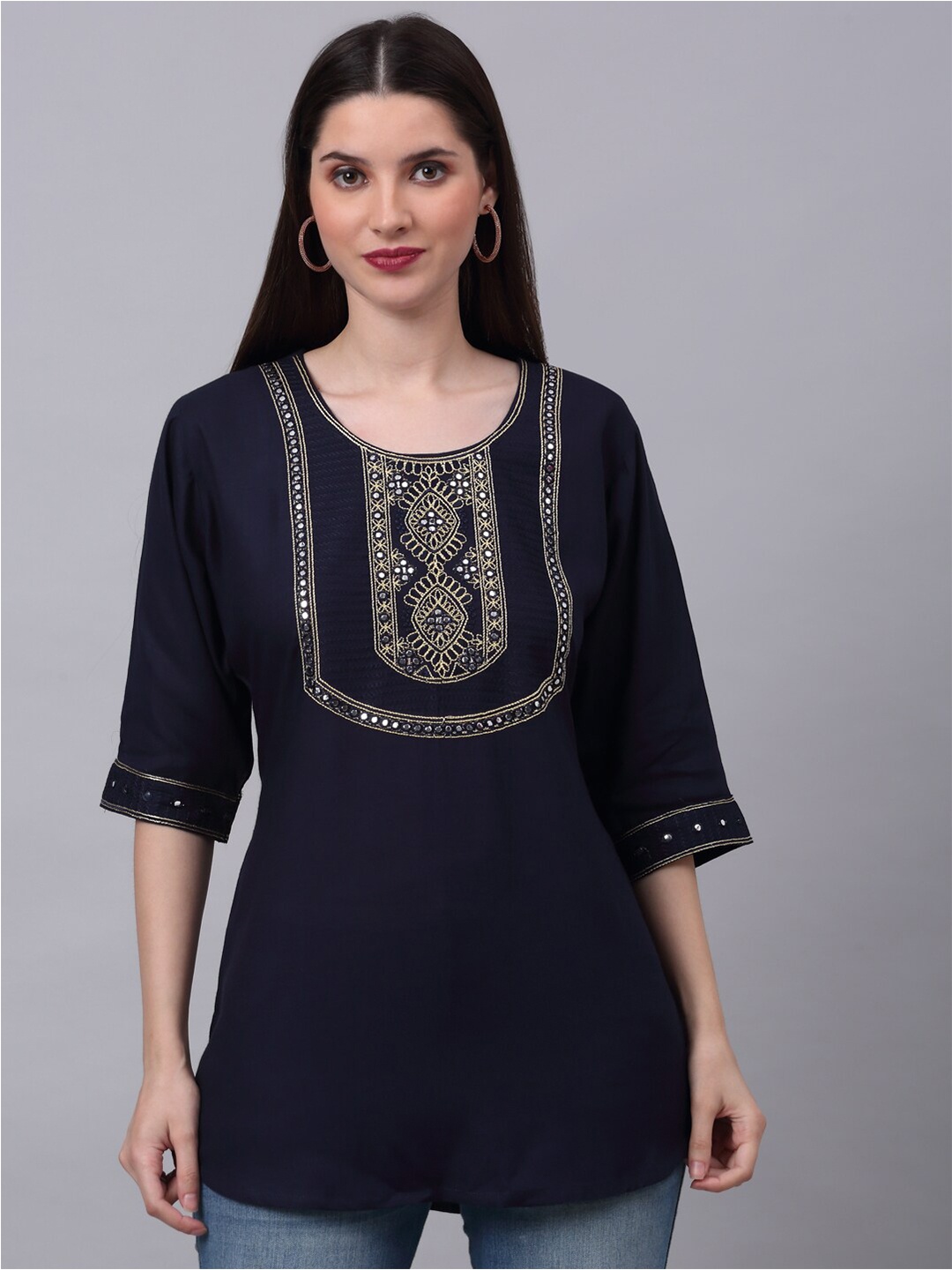 

NEUDIS Embroidered Mirror Work A-Line Top, Navy blue