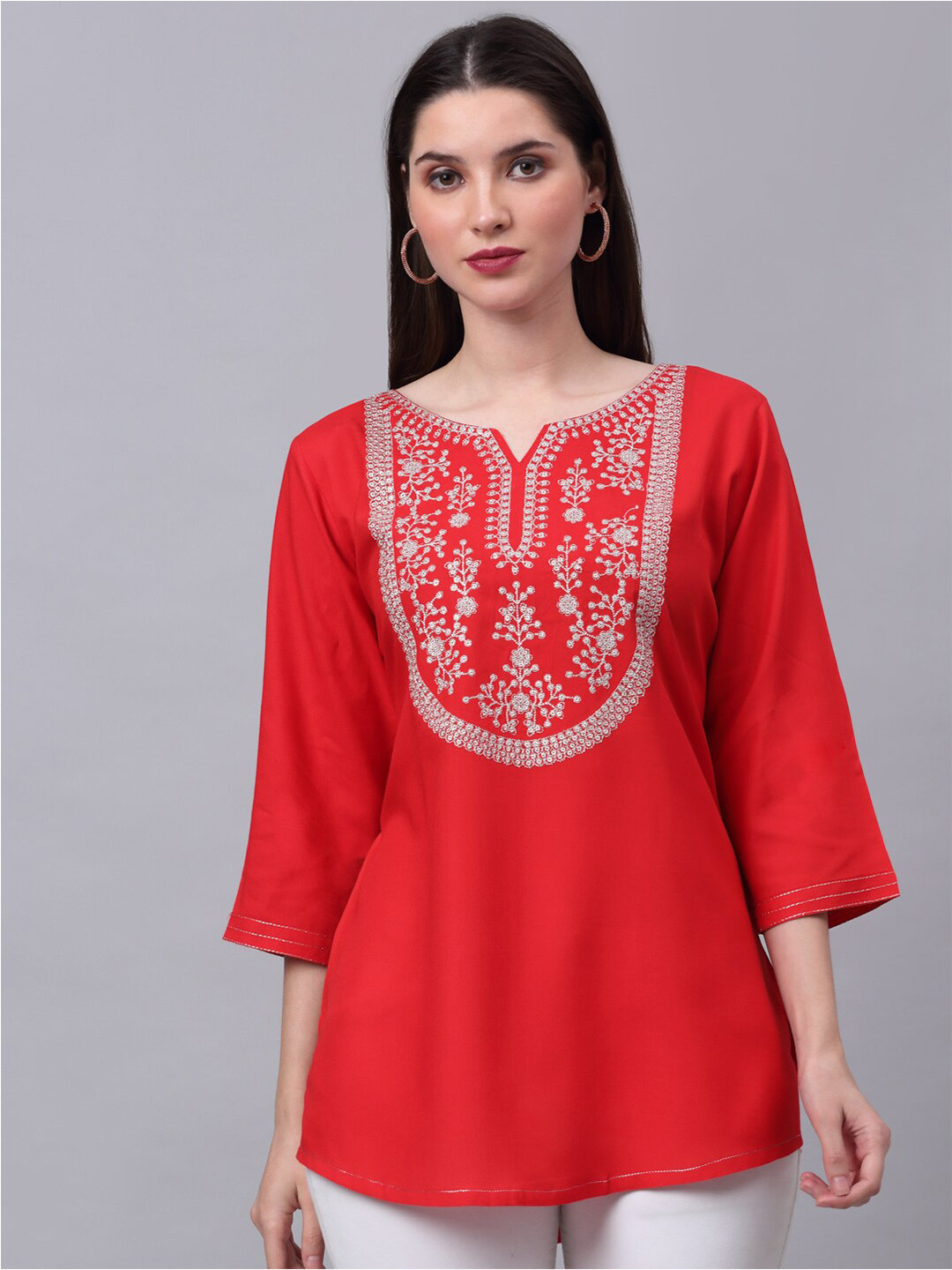 

NEUDIS Embroidered Round Neck Tunic, Red